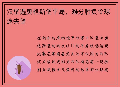 汉堡遇奥格斯堡平局，难分胜负令球迷失望