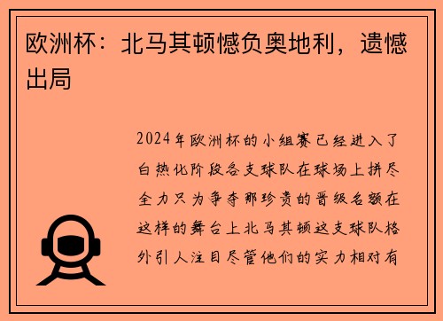 欧洲杯：北马其顿憾负奥地利，遗憾出局