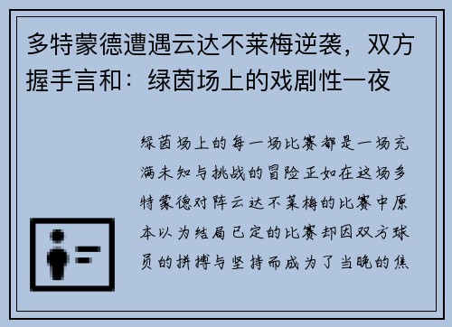 多特蒙德遭遇云达不莱梅逆袭，双方握手言和：绿茵场上的戏剧性一夜